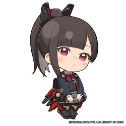  1girl armored_boots bag blunt_bangs blush boots brown_hair chibi closed_mouth commentary english_commentary full_body goddess_of_victory:_nikke grey_skirt headgear high_ponytail highres jacket light_frown long_hair long_sleeves looking_at_viewer miniskirt no_nose nose_blush parted_bangs red_eyes school_bag school_uniform skirt solo standing totatokeke zwei_(nikke) 