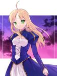  1girl ahoge artoria_pendragon_(fate) blonde_hair blue_dress closed_mouth clothing_cutout clouds dress dun_dudu fate_(series) green_eyes juliet_sleeves long_hair long_sleeves looking_at_viewer outdoors puffy_sleeves purple_sky saber_(fate) sidelocks sky solo 