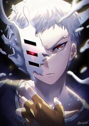  1boy absurdres black_shirt bleach brown_gloves close-up closed_mouth commentary_request ear_piercing eyebrow_piercing fingerless_gloves gloves glowing glowing_eye grey_hair highres light_particles looking_at_viewer male_focus mask muguruma_kensei piercing red_eyes red_pupils serious shirt short_hair solo spiky_hair tsurime twitter_username v-shaped_eyebrows w_wota 