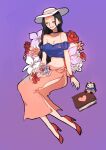  1girl artist_name bandeau black_choker black_hair book bouquet choker closed_eyes doll duckprotector26 high_heels highres holding holding_bouquet invisible_chair long_hair mixed-language_commentary nico_robin one_piece purple_background red_footwear simple_background sitting smile solo 