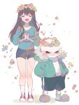  1boy 1girl :d bare_legs black_shorts blue_shirt blunt_bangs blush breasts closed_eyes converse facing_viewer flower_wreath frisk_(undertale) full_body grin hands_in_pockets head_wreath highres long_hair long_sleeves open_mouth own_hands_together sans shirt shoes shorts simple_background skeleton slippers small_breasts smile socks sparkle standing string string_of_fate third-party_source undertale vivinos white_background white_socks 