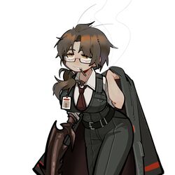  1girl :3 belt black_belt black_pants black_vest breasts brown_eyes brown_hair coat collared_shirt cowboy_shot glasses gregor_(project_moon) grin highres holding holding_clothes holding_coat large_breasts limbus_company low_ponytail necktie pants parted_bangs project_moon qingy7441 red_necktie shirt smile solo vest white_shirt 