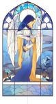  1boy angel_wings artist_request blue_cloak cloak flower fog halo holding_trumpet hood hooded_cloak klein_moretti lily_(flower) lord_of_the_mysteries solo stained_glass tunic white_background white_flower wings 