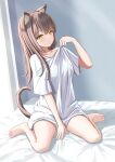 1girl absurdres animal_ear_fluff animal_ears bare_legs barefoot between_legs brown_hair cat_ears cat_girl cat_tail full_body hand_between_legs highres light_smile lin_(rlin202) long_hair no_pants off_shoulder on_bed original oversized_clothes oversized_shirt shirt shirt_hold short_sleeves sitting t-shirt tail wariza white_shirt white_t-shirt yellow_eyes
