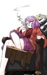  1girl absurdres geta high_ponytail highres holding holding_smoking_pipe japanese_clothes kimono komakusa_sannyo looking_at_viewer one-hour_drawing_challenge purple_hair purple_skirt red_eyes red_kimono sitting skirt smile smoking_pipe solo touhou ve1024 wide_sleeves 
