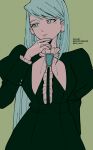  1girl ace_attorney black_dress blue_eyes blue_hair brooch closed_mouth dress eyelashes fingernails franziska_von_karma glint highres jewelry juliet_sleeves limited_palette long_hair long_sleeves mole mole_under_eye puffy_sleeves rat_nkmi ring simple_background solo 