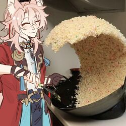  1boy animal_ears black_gloves closed_eyes closed_mouth cooking em_lette fox_boy fox_ears fried_rice_prank_(meme) gloves honkai:_star_rail honkai_(series) jiaoqiu_(honkai:_star_rail) medium_hair meme photo_background smile 