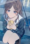  1girl bang_dream! bang_dream!_it&#039;s_mygo!!!!! black_shirt blue_eyes brown_hair cellphone closed_mouth commentary_request dated english_text happy_birthday highres holding holding_phone long_hair looking_at_viewer me_a_(r_party428) nagasaki_soyo outdoors phone rain sailor_collar school_uniform shirt smartphone solo squatting tears transparent transparent_umbrella tsukinomori_school_uniform umbrella white_sailor_collar 