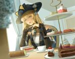  1girl asymmetrical_gloves bare_shoulders black_flower black_hat black_rose blonde_hair blue_eyes blue_gemstone blurry blurry_foreground bread cake cake_slice cake_stand chair cherry cup cupcake curtains dress dutch_angle english_commentary flower food fruit gem genshin_impact hat hat_flower head_tilt highres icing indoors long_hair macaron navia_(genshin_impact) own_hands_together plate rose sitting solo strapless strapless_dress teacup xiisalt 