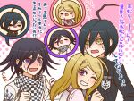  1girl 2boys ahoge akamatsu_kaede anger_vein arm_behind_head backpack bag black_eyes black_hair black_jacket black_scarf blonde_hair body_switch buttons chain checkered_clothes checkered_scarf chibi clenched_hand collared_jacket collared_shirt colored_tips commentary_request crest danganronpa_(series) danganronpa_v3:_killing_harmony eyelashes grin hair_between_eyes hair_ornament hand_on_own_chin head_on_chest head_on_head head_rest high_collar jacket jealous light_blush long_sleeves multicolored_buttons multicolored_hair multiple_boys musical_note musical_note_hair_ornament nervous nervous_sweating oma_kokichi one_eye_closed personality_switch pink_background pink_vest pinstripe_jacket pinstripe_pattern pocket polka_dot polka_dot_background purple_hair saihara_shuichi scarf shirt short_hair simple_background smile solid_oval_eyes sweat translation_request two-tone_background two-tone_scarf unmoving_pattern upper_body vest violet_eyes wavy_mouth white_background white_bag white_jacket white_scarf white_shirt yellow_eyes yumaru_(marumarumaru) 