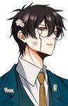  1boy aqua_jacket black_hair brown_necktie collared_shirt facial_mark glasses jacket mashle necktie orter_madl parted_lips round_eyewear shirt short_hair simple_background solo vroskia white_background white_shirt 