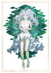 1girl absurdres barefoot blush dangle_earrings dress earrings elf feet floating frieren green_eyes grey_hair half-closed_eyes highres honey_brush jewelry long_hair looking_at_viewer lying on_back partially_submerged pointy_ears solo sousou_no_frieren wet wet_clothes wet_dress white_dress 
