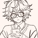  1boy alternate_costume blush glasses holding holding_phone iggy_maxwell male_focus monochrome necktie our_wonderland phone short_hair solo sweater upper_body 