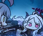  2girls :&lt; ahoge ballistic_shield beretta_1301 black_gloves blue_archive blush_stickers chibi commentary demon_horns fingerless_gloves forehead gloves gun hair_intakes hina_(blue_archive) holding holding_gun holding_weapon horns hoshino_(blue_archive) hoshino_(young)_(blue_archive) huge_ahoge jazz_jack long_hair looking_at_viewer multiple_girls multiple_horns parted_bangs pink_eyes shield shotgun showdown tactical_clothes weapon wide_face yellow_eyes 