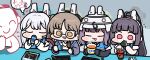  1boy 4girls :3 animal_ears black_hair blue_archive blue_halo blunt_bangs blush_stickers broken_chopsticks brown_eyes brown_hair chopsticks commentary doodle_sensei_(blue_archive) fake_animal_ears flying_sweatdrops food glasses green_halo grey_halo halo helmet high_ponytail holding jazz_jack miyako_(blue_archive) miyu_(blue_archive) moe_(blue_archive) multiple_girls onigiri orange_halo pink_eyes rabbit_ears rabbit_platoon_(blue_archive) ramen round_eyewear saki_(blue_archive) sausage sensei_(blue_archive) shin_ramyun tablet_pc thought_bubble twintails wide_face 