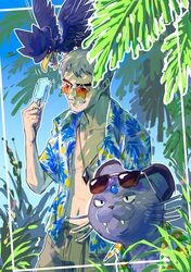  1boy absurdres alolan_persian beak bird black_feathers black_gemstone blue_gemstone blue_sky bright_pupils cat clothed_pokemon diamond_(shape) eyewear_on_head fangs fangs_out feathers floral_print flying food food_in_mouth forehead_jewel gem green_shorts grey_fur grey_hair grin hand_up hawaiian_shirt highres holding holding_food holding_popsicle jewelry male_focus murkrow nanu_(pokemon) navel necklace open_clothes open_shirt orange-tinted_eyewear palm_tree piao_lao58449 pokemon pokemon_(creature) pokemon_sm popsicle red_eyes shirt short_hair short_sleeves shorts sky smile star-shaped_eyewear star_(symbol) sunglasses tinted_eyewear tree whiskers white_pupils z-crystal 