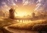  artist_name bridge building clouds cloudy_sky fantasy garutaisa gradient_sky grass highres landscape mountain mountainous_horizon no_humans original scenery sky stream sunset water windmill 