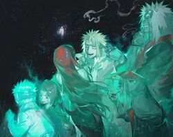  2girls 4boys black_hair cheekbones child closed_eyes facial_mark facing_another forehead_protector ghost green_theme grin hand_on_own_chin happy hex_6shui highres jiraiya_(naruto) laughing lighting_cigarette long_hair multiple_boys multiple_girls namikaze_minato naruto_(series) naruto_shippuuden ninja nohara_rin ootsutsuki_hagoromo profile redhead scratching_head short_hair smile smoke spiky_hair stroking_own_chin uchiha_obito upper_body uzumaki_kushina very_long_hair 