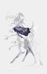  colored_skin feathers full_body green_eyes grey_background highres hooves horns kamikiririp monster original purple_feathers single_horn skeletal_leg solo white_feathers white_hair white_skin white_tail 