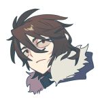  1boy blue_jacket brown_eyes brown_hair closed_mouth commentary frown fur-trimmed_jacket fur_trim hair_between_eyes isoi_reiji jacket male_focus open_clothes open_jacket portrait rumian75475 saibou_shinkyoku sanpaku short_hair simple_background solo white_background 
