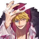  1boy black_cape blonde_hair brown_eyes cape cigarette collared_shirt dated donquixote_rocinante facial_mark fur_cape grin heart heart_print highres holding holding_cigarette jyukawa looking_at_viewer male_focus one_piece open_clothes open_shirt pink_shirt portrait print_shirt purple_hood red_lips shirt short_hair simple_background smile smoking solo white_background 