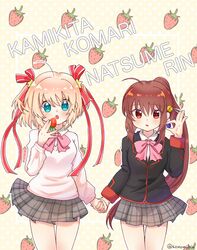  2girls :o absurdres ahoge aqua_eyes black_jacket blonde_hair blueberry blush bow bright_pupils brown_hair character_name collared_shirt commentary cowboy_shot egg_vibrator eyelashes food fruit grey_skirt hair_between_eyes hair_ornament hair_ribbon hand_up highres holding holding_food holding_fruit holding_hands jacket kamikita_komari konomi_(konomi00e) little_busters! little_busters!_school_uniform long_hair long_ribbon long_sleeves looking_at_viewer miniskirt multiple_girls natsume_rin open_mouth pink_bow plaid_clothes plaid_skirt pleated_skirt polka_dot polka_dot_background ponytail red_eyes red_ribbon ribbon school_uniform sex_toy shirt short_hair side-by-side sidelocks simple_background skirt spiky_hair star_(symbol) star_hair_ornament straight_hair strawberry sweater tareme tsurime twitter_username two_side_up very_long_hair vibrator white_shirt yellow_background yellow_sweater 