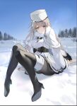  1girl absurdres azur_lane black_footwear black_pantyhose blue_sky boots closed_mouth coat fake_tail flantia hat heterochromia highres light_brown_hair long_hair looking_at_viewer murmansk_(azur_lane) outdoors pantyhose pink_eyes sitting sketch sky smile snow solo tail thigh_boots violet_eyes white_coat white_hat winter_clothes 