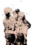  3boys absurdres book carrying carrying_person child closed_mouth commentary forehead_protector hatake_kakashi highres male_focus mask monochrome mouth_mask multiple_boys naruto_(series) ninjapongo piggyback short_hair simple_background smile umino_iruka uzumaki_naruto white_background 