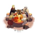  1girl 3boys :d absurdres alcohol artist_name beer beer_mug blonde_hair bread cape capelet cheese cup derivative_work dungeon_meshi eating eisen_(sousou_no_frieren) fake_horns food frieren glasses gold_trim grey_hair heiter helmet highres himmel_(sousou_no_frieren) horned_helmet horns indoors kagawaraifu laughing meat mug multiple_boys party!_(dungeon_meshi) pointy_ears red_cape robe screenshot_redraw sitting smile sousou_no_frieren stew stool table white_capelet white_hair wooden_floor 