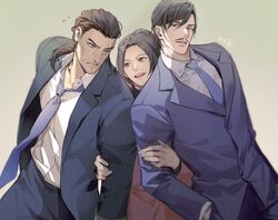  1girl 2boys beard beard_stubble black_hair blue_jacket blue_necktie blush brown_hair collared_shirt commentary_request cowboy_shot facial_hair flying_sweatdrops jacket locked_arms looking_at_another meitantei_conan morofushi_takaaki multiple_boys mustache necktie numbered open_clothes open_jacket open_mouth ponytail scar scar_across_eye scar_on_face shirt smile stubble suit turtleneck uehara_yui yamato_kansuke yoshicha 