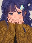  1girl aegyo_sal aran_sweater asari_nanami blue_eyes blue_hair blush cable_knit fingernails fish_hair_ornament hair_ornament hair_ribbon hands_on_own_cheeks hands_on_own_face highres idolmaster idolmaster_cinderella_girls long_sleeves looking_at_viewer norimaki_(seidan0611) ribbon simple_background smile solo sweater upper_body white_background yellow_sweater 