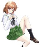  1girl absurdres black_neckerchief black_socks blouse brown_eyes brown_footwear brown_hair commentary girls_und_panzer green_skirt hands_on_own_chest highres knee_up leaning_back loafers long_sleeves looking_at_viewer midriff_peek miniskirt neckerchief nishizumi_miho ooarai_school_uniform open_mouth pleated_skirt sailor_collar school_uniform serafuku shirt shoes short_hair simple_background sitting skirt socks solo white_background white_sailor_collar white_shirt zaofeng 