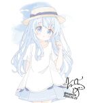  1girl alternate_costume blue_eyes blue_hair chame_(myyo04) commentary cowboy_shot dated dress fedora hat hibiki_(kancolle) kantai_collection light_blue_hair long_hair looking_at_viewer signature solo sun_hat symbol-only_commentary twitter_username white_dress 