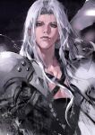  1boy aqua_eyes armor black_background black_coat chest_strap coat final_fantasy final_fantasy_vii final_fantasy_vii_rebirth final_fantasy_vii_remake grey_hair highres long_bangs long_hair looking_at_viewer male_focus parted_bangs parted_lips sephiroth shoulder_armor slit_pupils solo tequilafunk upper_body wavy_hair 
