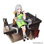  1girl ahoge apron book bottle breasts commentary_request crossed_legs desk dreamlight2000 from_above gemini_seed grey_hair long_hair looking_at_viewer medium_breasts official_art open_book portrait_(object) red_eyes simple_background sitting solo tachi-e white_background wine_bottle 