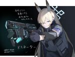  1girl animal_ear_fluff animal_ears armband black_gloves blonde_hair blue_archive blue_armband blue_eyes clenched_teeth commentary_request dominator_(gun) gloves gun hair_over_one_eye halo highres holding holding_gun holding_weapon jacket kanna_(blue_archive) long_hair long_sleeves necktie open_clothes open_jacket psycho-pass shirt solo sweat teeth translation_request umiwashi weapon 