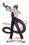 1boy arknights arms_up black_hair black_pants brown_hair chong_yue_(arknights) closed_mouth commentary_request dragon_boy dragon_horns dragon_tail earrings full_body highres horns jacket jewelry korean_commentary long_hair long_sleeves looking_at_viewer low_ponytail male_focus multicolored_hair nills pants pointy_ears red_eyes shirt shoes simple_background smile sneakers solo standing streaked_hair tail very_long_tail white_background white_footwear white_jacket 