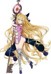  1girl :o blonde_hair boots breasts constellation date_a_live double_bun dress full_body hair_between_eyes hair_bun high_heel_boots high_heels holding holding_staff hoshimiya_mukuro key large_breasts long_hair looking_at_viewer official_art purple_dress solo staff transparent_background yellow_eyes 