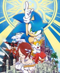  1girl 4boys animal_ears arm_up bald chiba_tsukasa closed_eyes collarbone dr._eggman facial_hair fox_ears furry furry_male gloves green_eyes knuckles_the_echidna looking_at_viewer multiple_boys mustache open_mouth own_hands_together palm_tree princess_elise_the_third redhead searchlight short_hair smirk sonic_(series) sonic_the_hedgehog sonic_the_hedgehog_(2006) tails_(sonic) tree violet_eyes white_gloves 