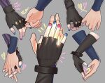  2girls absurdres blue_nails fingerless_gloves gloves grey_background hand_focus heart heart_hands heart_hands_duo heart_in_heart_hands highres holding_another&#039;s_finger holding_hands interlocked_fingers jinx_(league_of_legends) league_of_legends lux_(league_of_legends) magic multicolored_nails multiple_girls nail_polish pink_nails simple_background wlw0nderland yuri 