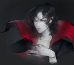  1boy black_background black_coat black_hands breasts cape coat colored_extremities cropped_torso curly_hair dungeons_&amp;_dragons fang hand_up male_focus medium_breasts nat_the_lich original pale_skin pointy_ears red_cape red_eyes solo two-sided_coat two-sided_fabric upper_body vampire 