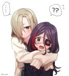  2girls ? ?? absurdres black_jacket blonde_hair blue_shirt blush breasts brown_eyes dot_nose eyepatch fang green_skirt hair_between_eyes hair_over_one_eye hayasaka_mirei highres hug hug_from_behind idolmaster idolmaster_cinderella_girls idolmaster_cinderella_girls_starlight_stage jacket long_sleeves looking_at_viewer madarame_(mdrm89) multicolored_hair multiple_girls open_mouth plaid plaid_skirt pout purple_hair redhead shirasaka_koume shirt short_hair skirt sleeves_past_fingers sleeves_past_wrists small_breasts speech_bubble streaked_hair sweatdrop sweater twitter_username upper_body white_background white_sweater 