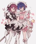  2boys apron arms_behind_back bad_id bad_pixiv_id black_dress black_ribbon blue_eyes blue_hair cherry crossdressing dress embarrassed ensemble_stars! feet_out_of_frame food frilled_apron frilled_sleeves frilled_thighhighs frills fruit glasses hair_between_eyes highres holding kuromi looking_at_viewer maid maid_headdress male_focus male_maid meremero multiple_boys my_melody onegai_my_melody open_mouth pink_dress pink_ribbon pudding puffy_short_sleeves puffy_sleeves ribbon saegusa_ibara sanrio sazanami_jun short_hair short_sleeves smile standing strawberry sweatdrop thigh-highs waist_apron white_apron white_thighhighs wrist_cuffs yellow_eyes 