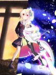  1girl absurdres asymmetrical_legwear blonde_hair fll0o0 fuyou_lilienthal_yuuna fuyou_yuuna_wa_yuusha_de_nai gloves glowing glowing_weapon hair_ornament hand_on_own_hip highres holding holding_sword holding_weapon loafers looking_at_viewer magical_girl petals pleated_skirt red_eyes sailor_collar school_uniform shoes short_hair side_ponytail skirt smile solo split_theme standing sword thigh-highs torii weapon white_sailor_collar 
