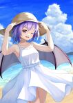  1girl alternate_costume alternate_headwear armpits bat_wings beach blue_sky brown_hat clouds commentary day dress fang hat highres looking_at_viewer ocean open_mouth purple_hair remilia_scarlet sky solo touhou urochii_(ju2ti6jgpt) white_dress wings 
