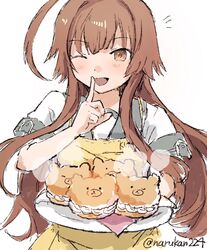  1girl ahoge apron blush brown_eyes brown_hair cream_puff finger_to_mouth food highres huge_ahoge index_finger_raised kantai_collection kuma_(kancolle) long_hair looking_at_viewer narukan one-hour_drawing_challenge one_eye_closed open_mouth plate sailor_collar school_uniform serafuku short_sleeves simple_background solo steam twitter_username white_background yellow_apron 