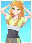  1girl bow crop_top etie_(fire_emblem) fire_emblem fire_emblem_engage green_bow green_eyes green_shirt highres looking_at_viewer orange_hair oyusame shirt smile solo swept_bangs training_outfit_(fire_emblem_engage) workout_clothes 