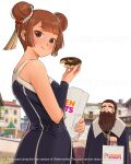  1boy 1girl 2girls :t arm_warmers beard black_dress black_lunette black_robe blunt_bangs brown_eyes brown_hair city closed_mouth collar commentary commission denken_(sousou_no_frieren) double_bun doughnut dress dunkin&#039;_donuts eating english_commentary facial_hair food grey_sky hair_bun highres holding holding_food laufen_(sousou_no_frieren) long_beard looking_at_viewer looking_to_the_side medium_bangs monocle multiple_girls old old_man outdoors robe second-party_source sky sleeveless sleeveless_dress sousou_no_frieren upper_body watermark white_collar 