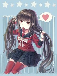  13482367 1girl black_sailor_collar black_skirt blue_background bow bowtie brown_hair danganronpa_(series) danganronpa_v3:_killing_harmony hair_ornament harukawa_maki heart highres holding holding_own_hair long_hair long_sleeves looking_at_viewer mole mole_under_eye red_eyes red_scrunchie red_shirt red_thighhighs sailor_collar school_uniform scrunchie serafuku shirt skirt solo speech_bubble thigh-highs white_bow white_bowtie 