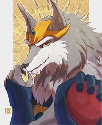  1boy amber_eyes animal_ears artist_logo beast_warriors_gulkeeva claws commentary_request fangs fangs_out furry furry_male greyfus highres looking_at_viewer male_focus okamoto_setsura smile star_(symbol) upper_body wolf_boy wolf_ears 